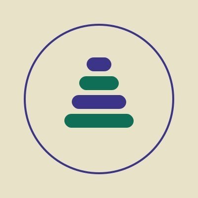 A minimalist circular logo with a navy outline containing a stacked pyramid shape made of three rounded rectangles in alternating dark purple and green colors on a cream background.