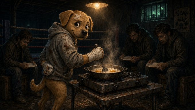 An AI-generated illustration of an anthropomorphic dog wearing a blood-stained hoodie, cooking in a pan on a hot plate while battered men sit in a grim room around a sign that reads 'KEMP CAMP'.