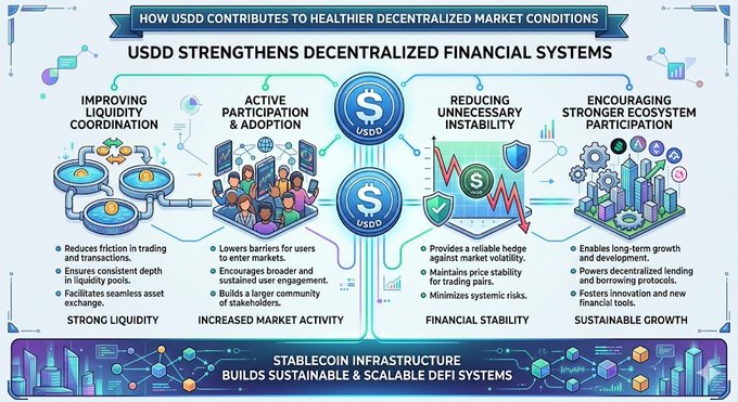 The image presents a diagram titled "How USDC contributes to healthier decentralized market conditions", which explains how Usd coins contribute to developing stable, healthy financial systems within the broader cryptocurrency ecosystem. The diagram shows various stages of the financial system and its components like users, smart contracts, trading tokens, active participation in exchanges, and stablecoins that can help facilitate a more stable and secure marketplace.