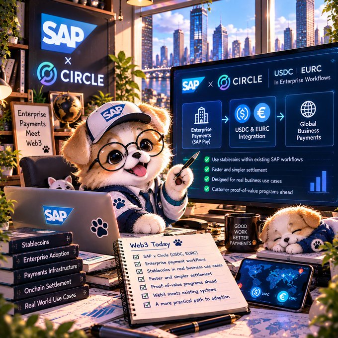 A digital illustration featuring a dog wearing an SAP cap and glasses at a computer, promoting SAP x Circle collaboration for USDC and EURC stablecoins in enterprise workflows and global business payments.