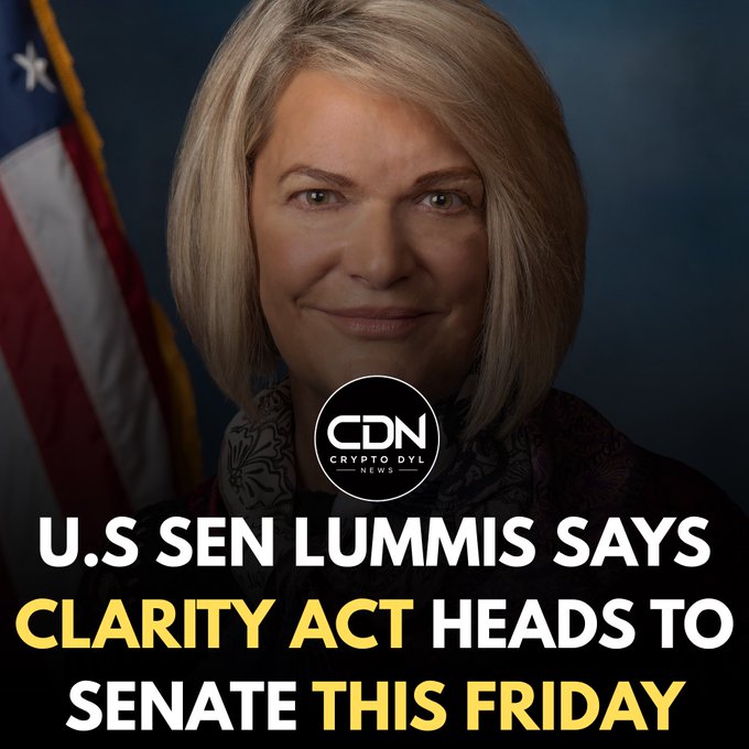 A professional headshot of U.S. Senator Lummis against a dark background with an American flag, featuring the CDN (Crypto Daily News) logo and a headline reading "U.S SEN LUMMIS SAYS CLARITY ACT HEADS TO SENATE THIS FRIDAY," relating to the accompanying post about the crypto legislation announcement.