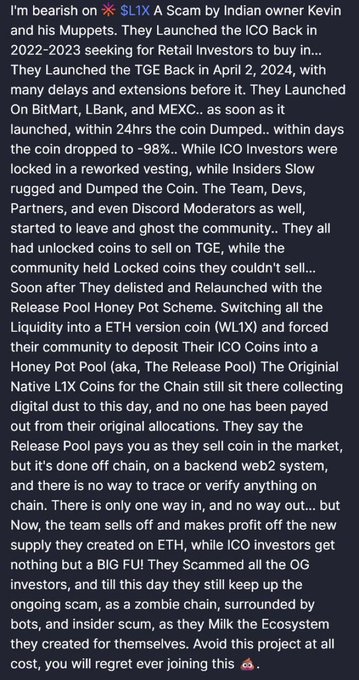 A lengthy scam warning about the $L1X token by Indian owner Kevin and his 'Muppers' team, describing an ICO rug pull, a -98% price drop, and a 'Release Pool Honey Pot Scheme' on the relaunched WL1X/ETH contract.