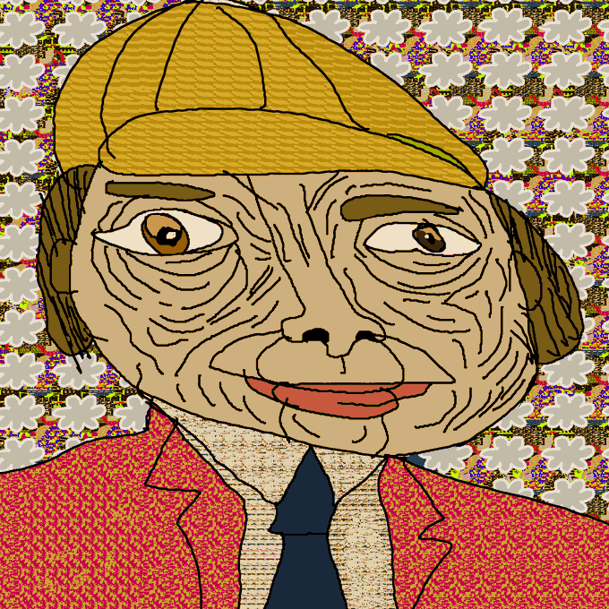 A digital drawing of a man wearing a yellow flat cap, a red blazer, and a dark tie, characterized by exaggerated facial wrinkles and a wide smile, set against a colorful, floral-patterned background.