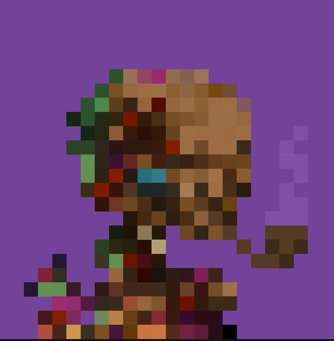 A highly pixelated, abstract image of a character with a beard set against a solid purple background.