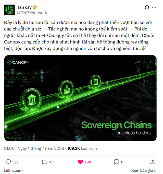A Vietnamese X (Twitter) post by @CNPYNetwork (@Tán cây) explaining why crypto assets are outpacing other chains, promoting Canopy's "Sovereign Chains for serious builders" with an image of glowing green blockchain infrastructure.