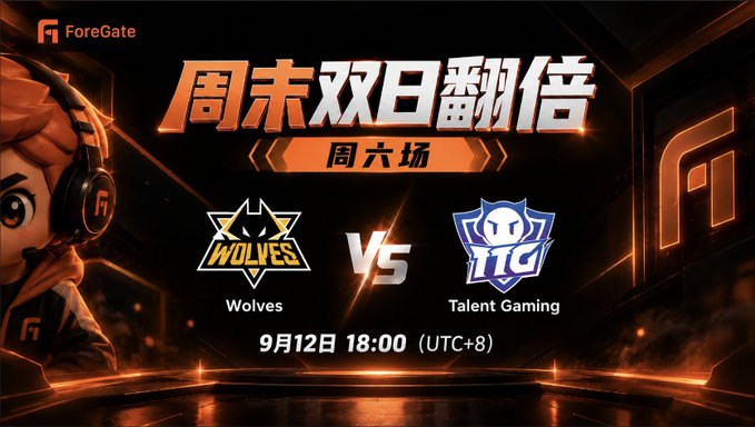 A promotional graphic for ForeGate announces a weekend double event match between Wolves and Talent Gaming on September 12th at 18:00 (UTC+8), featuring Chinese text '周末双日翻倍' and '周六场'.