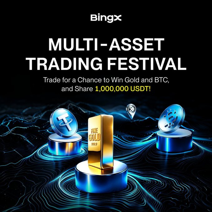 A BingX 'MULTI-ASSET TRADING FESTIVAL' promotional banner offering gold, BTC, and a share of 1,000,000 USDT, featuring 3D renderings of USDT, gold bar, and Bitcoin coins on pedestals.