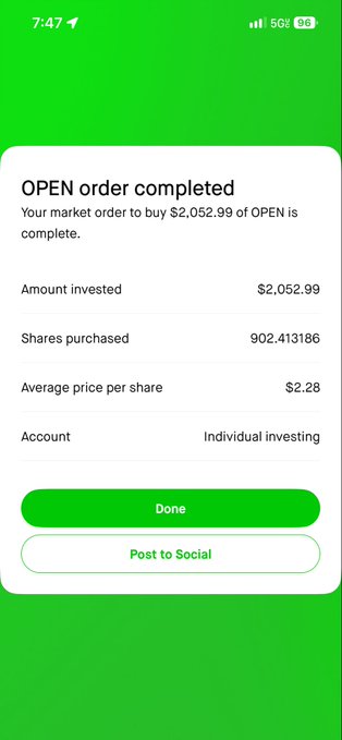 A mobile app notification confirming a completed market order to buy $2,052.99 of OPEN stock, resulting in 902.413186 shares at an average price of $2.28 per share.