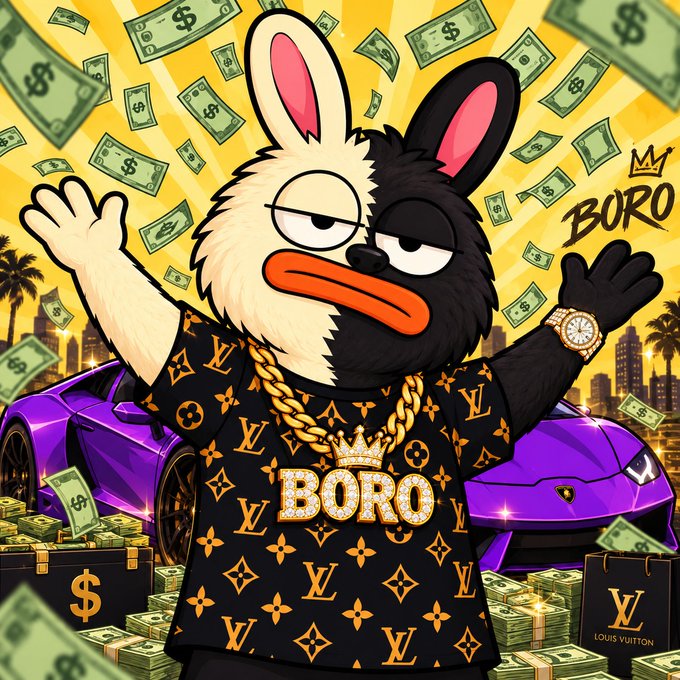 A stylized cartoon character called 'BORO' - a half-white, half-black rabbit wearing a Louis Vuitton-patterned shirt, gold chains with a 'BORO' pendant, and a watch, standing in front of a purple Lamborghini with money and a city skyline in the background.