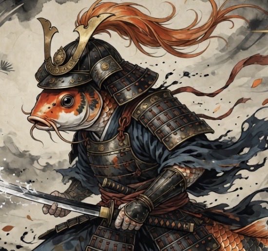 An ink-and-watercolor illustration of a koi fish wearing samurai armor and a kabuto helmet with an orange plume, wielding a katana.