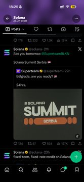 A screenshot of a Solana social media post announcing 'Solana Summit Serbia' in Belgrade, dated 2hr, with 334 likes and 82K views.
