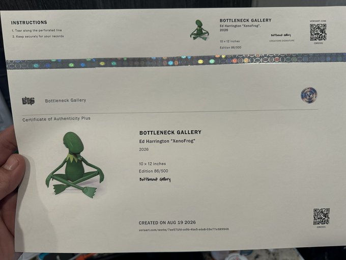 A certificate of authenticity from Bottleneck Gallery for Ed Harrington's 'XenoFrog' (2026), a 10 x 12 inch print, Edition 86/500, dated August 19, 2026, featuring a green frog illustration and QR codes.
