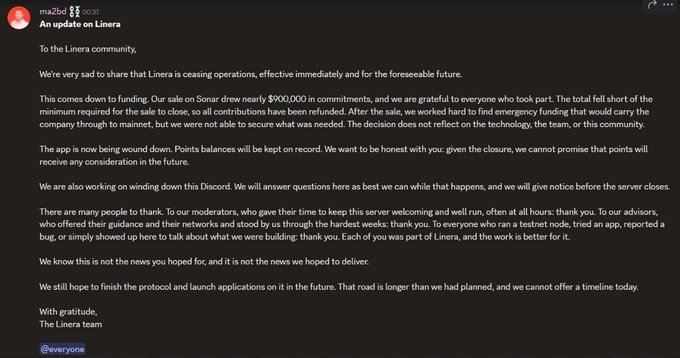 A screenshot of a Discord announcement from ma2bd stating that Linera is ceasing operations due to funding shortfalls, mentioning their Sonar sale raised nearly $900,000 but fell short of the required minimum.