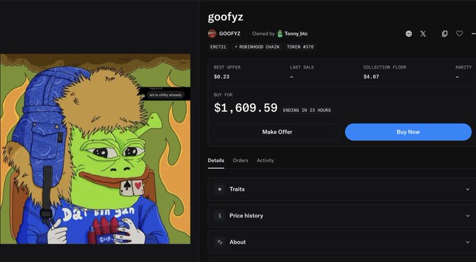 An NFT marketplace listing for 'goofyz' on the 'ROBINHOOD CHAIN', showing a cartoon ape in a Spalding jacket, with a 'BUY FOR' price of '$1,609.59' and a 'COLLECTION FLOOR' of '$4.67'.