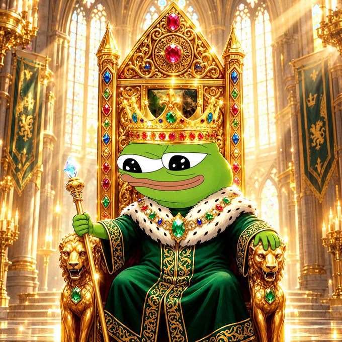 A digital illustration of a Pepe the Frog character dressed as a king, wearing a golden crown and regal robes, holding a scepter while seated on a throne in a cathedral-like setting.