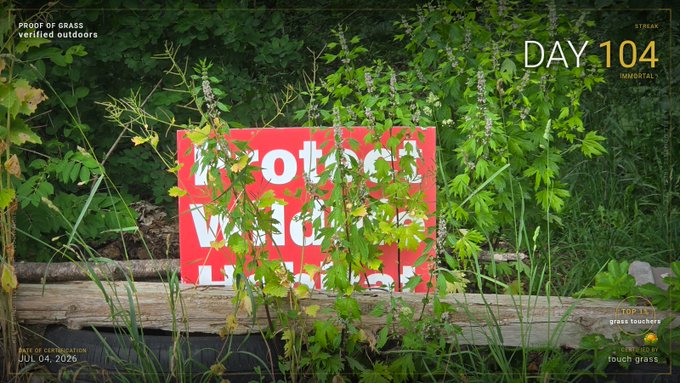 A red 'PROTECTED WETLAND HABITAT' sign is partially obscured by overgrown green foliage, with overlay text reading 'PROOF OF GRASS verified outdoors DAY 104' and 'DATE OF EXPLORATION JUL 04, 2026'.