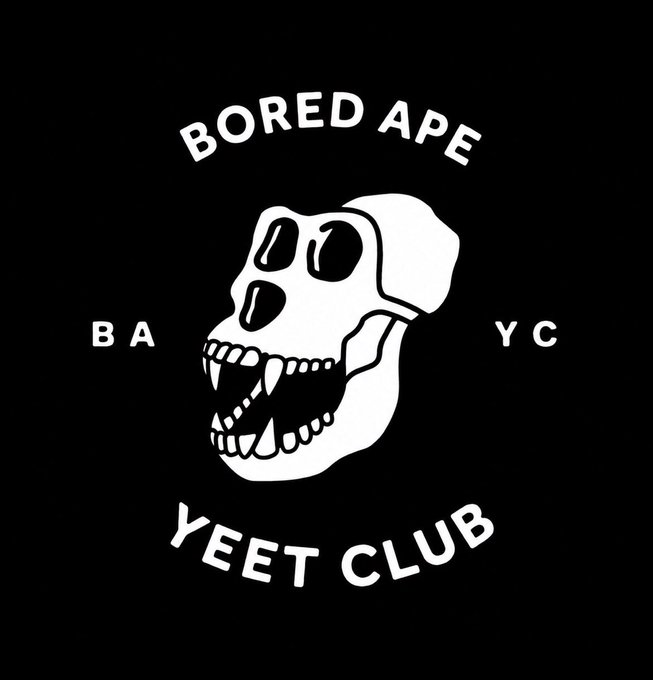 The image features a black background with a white gorilla skull illustration and the text "BORED APE YEET CLUB" arched around it, with "BAYC" split on either side of the skull. It serves as a parody logo riffing on the Bored Ape Yacht Club branding, fitting the post's promotion of an alternative community ($BAYC) for those let down by $MASON.