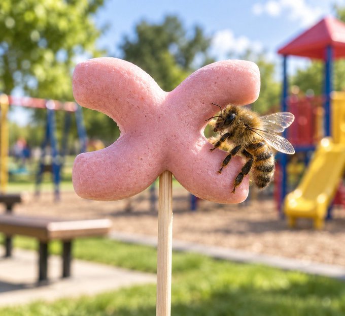 A close-up of a pink, bow-tie-shaped candy on a wooden stick, with a bee landing on it against a blurred background of a children's playground.