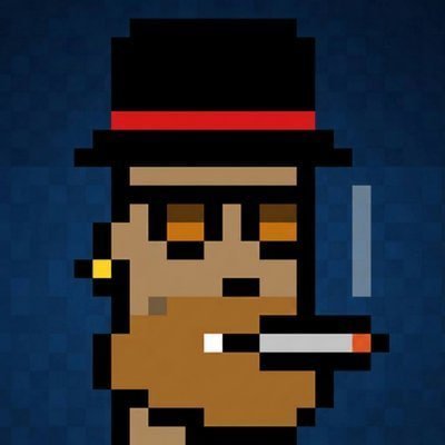 A pixel art illustration of a bearded man wearing a black hat with a red band and holding a cigarette, set against a dark blue pixelated background.