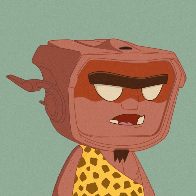 An animated cartoon character with a red boxy television head, half-lidded eyes, small fangs, and a yellow leopard-print garment against a teal background.