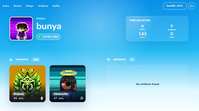 The image shows a computer screen displaying a website called Abstract Chain, which has a collection of abstract art pieces. The website also features a profile page for a person named BUNCHA with their avatar being a cartoon character. The background color of the image is blue and white.