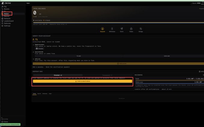 The image shows the ZMine dashboard with the "Wallet" tab highlighted in the sidebar, displaying a total balance of 0 and a "CREATE YOUR ACCOUNT" section showing 2.73 unverified MON, along with a deposit address highlighted in a red box. This corresponds to the accompanying post's instructions about needing to verify the account and make a deposit of at least 0.0003 ZEC to begin mining with the ZMine project.