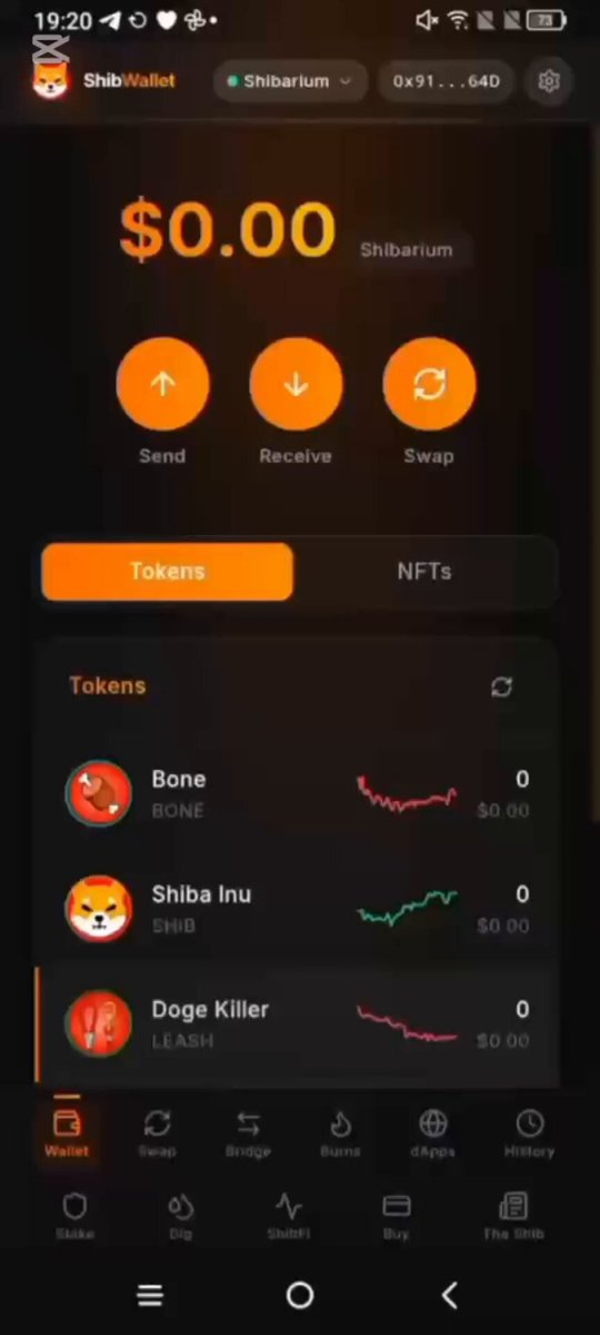 The image shows a smartphone screen displaying an app called SHIB Wallet, which is designed for users to send and receive tokens. The app has a simple interface with three main buttons labeled "Sending", "Receiving", and "Receiving". There are also several other options available on the app's menu bar. The background of the image is black, making it easy to read the text displayed on the screen.