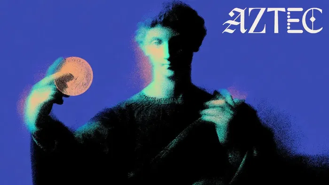 The image features a stylized, grainy figure holding a Bitcoin against a vibrant blue background, with the word "AZTEC" displayed in the top right corner. The visual ties to the post by symbolizing the tension between Bitcoin's public, transparent transactions and Aztec's mission to deliver true protocol-level privacy as a new Layer 2 solution, with the holding gesture representing the careful, deliberate approach to launching an empty mainnet focused on privacy-first values.