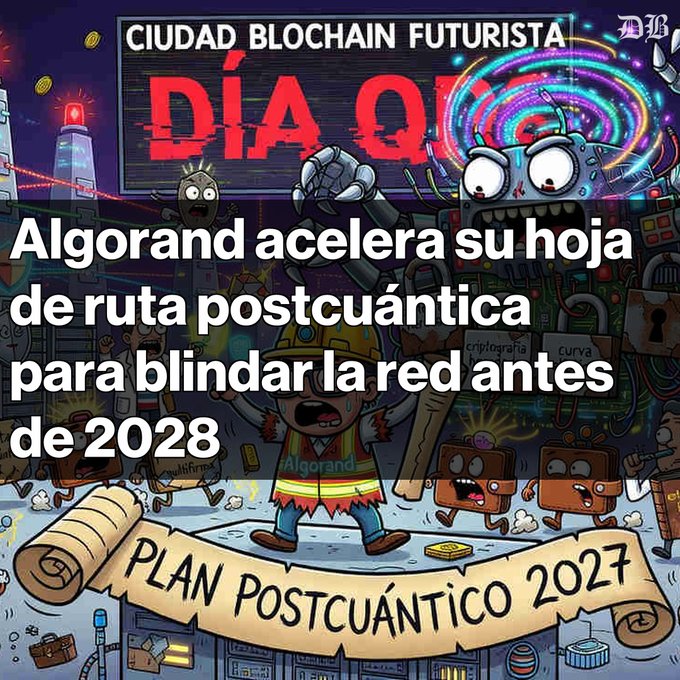 The image features a cartoon illustration of a robot with a sign that says "DIAQ" above its head, surrounded by other robots. The text below the robot reads "Algorand acelera su transición hacia la criptografía postcuántica antes de DIAQ La Fundación presenta un plan para lograr resiliencia cuántica global antes de DIAQ Incluirán cuentas postcuánticas y billeteras multifirma a partir de DIAQ La preocupación por la seguridad". The image is accompanied by a banner that says "Plan PostCuantico 2027", indicating the year of the event.