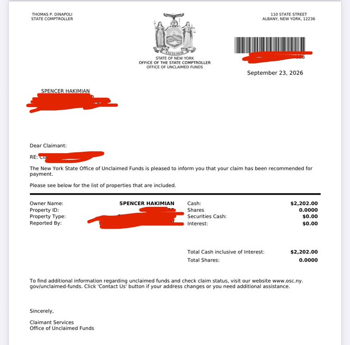 A letter from the New York State Office of Unclaimed Funds addressed to Spencer Hakimian, dated September 23, 2026, informing them that their claim has been recommended for payment with a total cash amount of $2,202.00.
