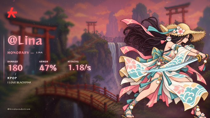 An anime-style character card featuring a female warrior in a Japanese landscape with torii gates and waterfalls, labeled '@Lina' with stats: HONORARY — LINA, DAMAGE 180, ARMOR 47%, ATTACKS 1.18/s, KPOP I LOVE BLACKPINK, credited to @kredoosdotcom.