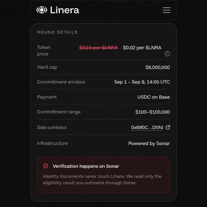 A webpage for "Linera" displays round details including a token price of $0.02 per $LNRA, hard cap of $8,000,000, commitment window Sep 1 – Sep 8, 14:00 UTC, USDC on Base payment, and a commitment range of $100–$100,000.