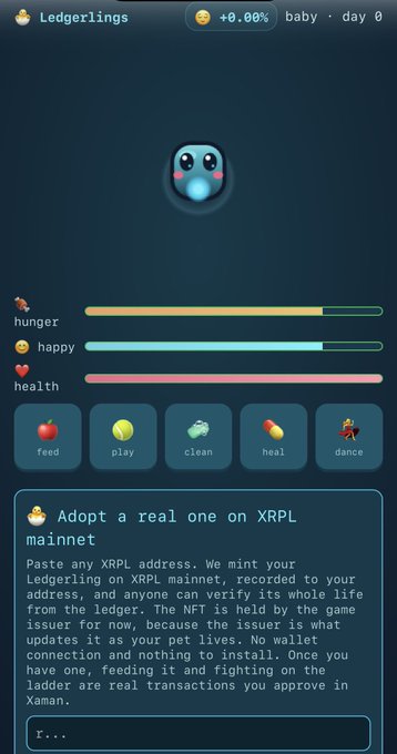 The image shows a tamagotchi-style virtual pet game interface called "Ledgerlings," displaying a small blue creature named "baby" at "day 0" with "+0.00%" growth, plus status bars for hunger, happy, and health, and action buttons for feed, play, clean, heal, and dance. Below, text explains you can "Adopt a real one on XRPL mainnet" by pasting an XRPL address, tying directly to the project's premise of pets living on the XRP Ledger whose stats are derived from real on-chain transactions.