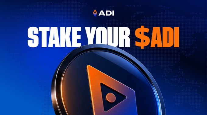 A blue promotional graphic with a world map background features bold text "STAKE YOUR $ADI" above a 3D metallic logo for ADI cryptocurrency.