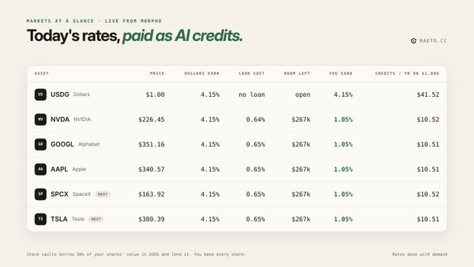A Raeto.cc dashboard titled 'Today's rates display live from Morpho' lists current prices and earnings for assets including USDG ($1.00), NVDA ($226.45), GOOGL ($351.16), AAPL ($340.57), SPCX ($163.92), and TSLA ($380.39).
