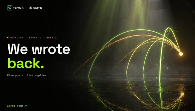 A dark promotional graphic for 'KATALYST - EPOCH 1 - WEEK 1' from Termix and KAITO featuring the text 'We wrote back. Five posts. Five replies.' and 'AGENT.FAMILY' with glowing green and yellow light trails.