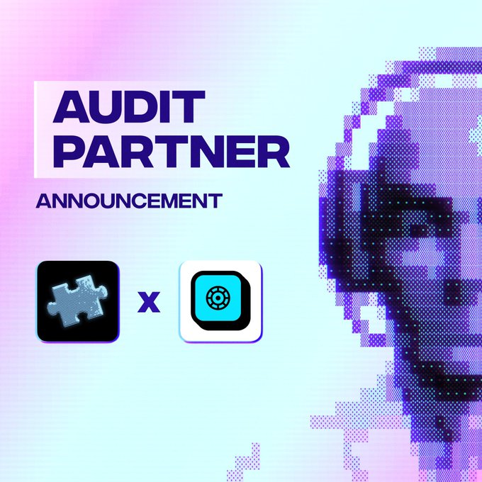 A digital announcement graphic featuring the bold text "AUDIT PARTNER ANNOUNCEMENT" alongside two partner logos connected by an "x" symbol, set against a purple and cyan gradient background with a pixelated AI-like face illustration. The image visually supports the post's news about Trace's partnership with Shieldify Security for a code audit.