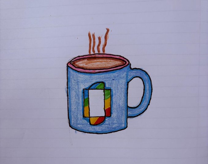 A simple, hand-colored drawing of a steaming blue coffee mug on lined notebook paper, featuring a colorful, rectangular pocket design on its side.