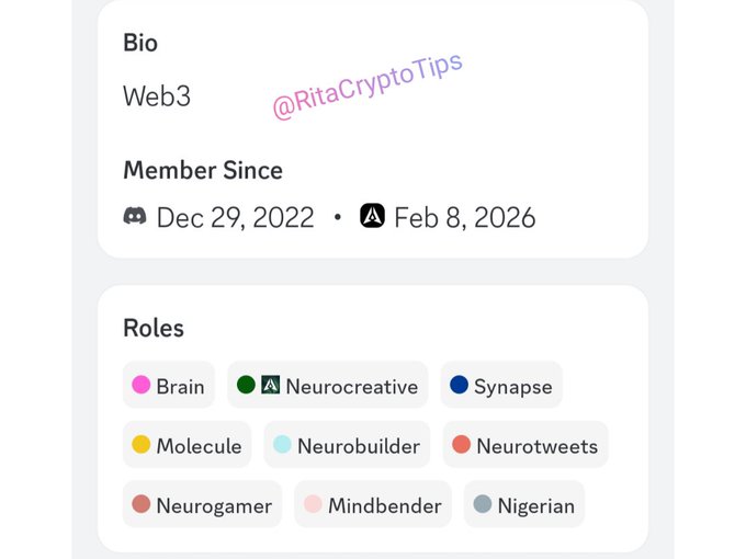 Profile section screenshot showing a Web3 bio with handle @RitaCryptoTips, member dates from Dec 29, 2022 to Feb 8, 2026, and various roles including Brain, Neurocreative, Synapse, Molecule, Neurobuilder, Neurotweets, Neurogamer, Mindbender, and Nigerian.