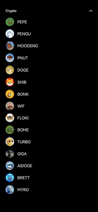 A cryptocurrency list menu displaying memecoins including PEPE, PENGU, MOODENG, PNUT, DOGE, SHIB, BONK, WIF, FLOKI, BOME, TURBO, GIGA, AIDOGE, BRETT, and MYRO.