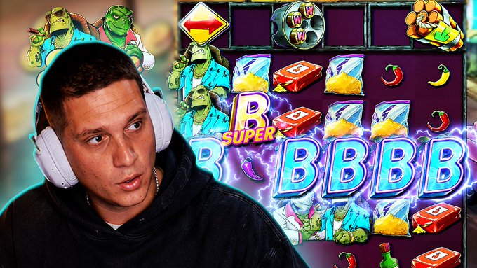 A man wearing white headphones is shown in front of a slot machine-themed graphic featuring 'SUPER B' and 'BBBB' symbols with cartoon characters.