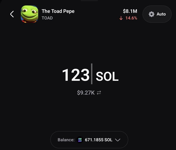 A screenshot of a crypto trading interface on Pumpfun showing a purchase of 123 SOL ($9.27K) worth of "The Toad Pepe" ($TOAD) token, with a balance of 671.1855 SOL displayed. This visually documents the user's $TOAD purchase mentioned in their post about trenching on Pumpfun.