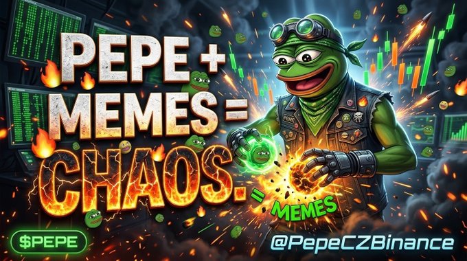 A vibrant digital graphic featuring a Pepe the Frog character in tactical gear, with bold text reading 'PEPE + MEMES = CHAOS' and hashtags $PEPE and @PepeCZBinance.