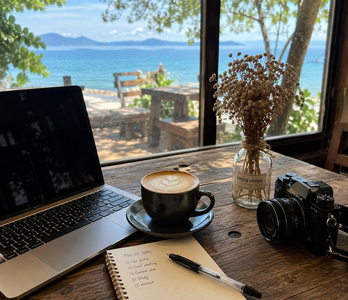 A serene seaside workspace featuring a MacBook, latte art coffee, a notebook with handwritten plans ("Plan for today: ☐ Edit photos, ☐ Client meeting, ☐ Content plan, ☐ Study, ☐ Workout"), and a camera beside a vase of dried flowers overlooking the ocean — perfectly capturing the "find a place that clears your mind" vibe to fuel a productive grind.