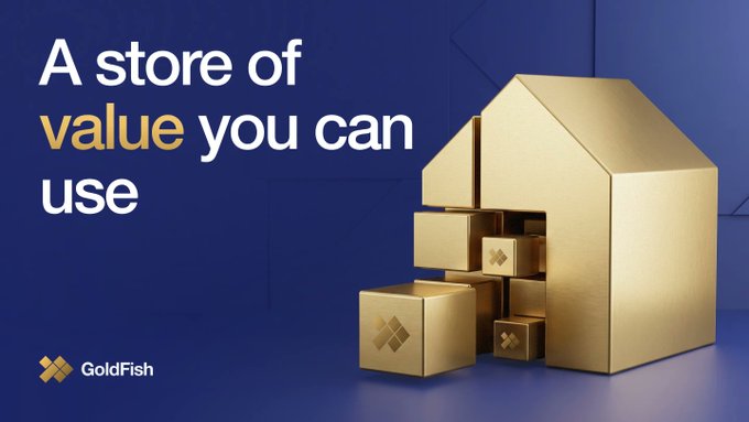 The image is an advertisement for GoldFish featuring a 3D golden house with compartments opening to reveal gold bars/cubes inside, set against a blue background. The text reads "A store of value you can use" with the GoldFish logo in the bottom left corner.

The visual cleverly reinforces the post's message by depicting a literal "store" (a house-shaped building) filled with gold, symbolizing how gold—unlike real estate—is a divisible, accessible, and liquid store of value that can be drawn upon like items from a storehouse, rather than locked away in an illiquid property.