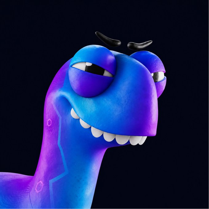 A vibrant blue and purple 3D cartoon dinosaur with a sly smirk, raised eyebrow-like horns, and a toothy grin looks sideways against a dark background, playfully embodying the "Rawr" energy with its mischievous expression.