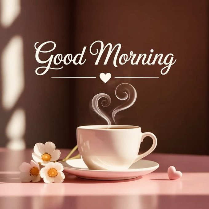 A 'Good Morning' greeting image featuring a white teacup with heart-shaped steam on a pink surface, accompanied by white flowers and a small pink heart decoration.