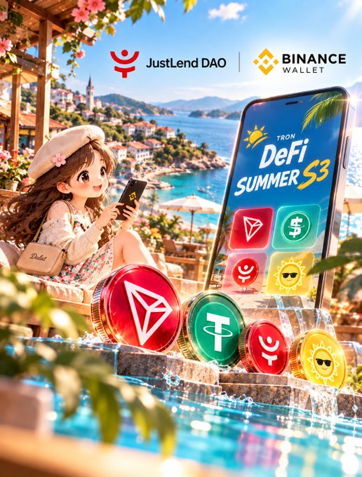 A promotional advertisement for JustLend DAO and Binance Wallet featuring a 'DeFi SUMMER S3' campaign with TRON branding, showing a stylized anime girl by a pool alongside floating crypto tokens (TRX, USDT).