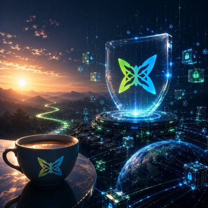 A futuristic digital illustration featuring a transparent shield with a green and blue butterfly logo, surrounded by floating security padlocks above a glowing Earth at sunset, with a coffee cup bearing the same butterfly logo in the foreground.