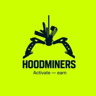 The 'HOODMINERS' logo featuring a black silhouette of a figure with mining tools on a yellow-green background, with the tagline 'Activate — earn'.